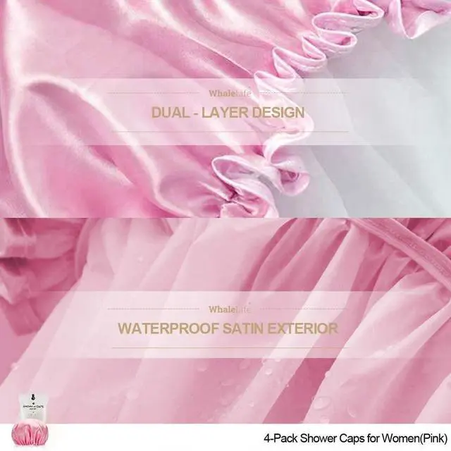 Alt view image 6 of 7 - Shower Loofahs and Shower Caps 4 Pack Pink, Bath Sponge Shower Puffs Mesh Pouf and Double Large Waterproof Bath Caps for Hair