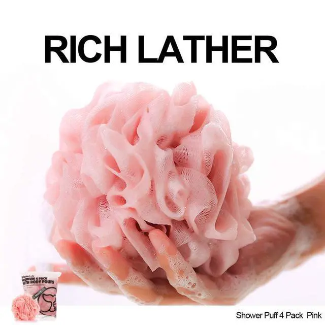 Alt view image 2 of 7 - Shower Loofahs and Shower Caps 4 Pack Pink, Bath Sponge Shower Puffs Mesh Pouf and Double Large Waterproof Bath Caps for Hair