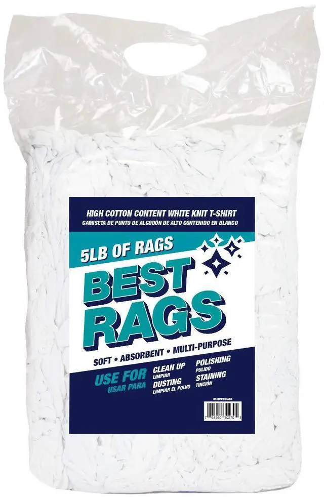 Main image of T-Shirt Rags Bulk, 5 lb Bag, Cotton Cleaning Towels, Low Lint Knit Wiping Cloths for Paint, Stain, Grease, Shop and Auto Use, Absorbent Machine Washable, White