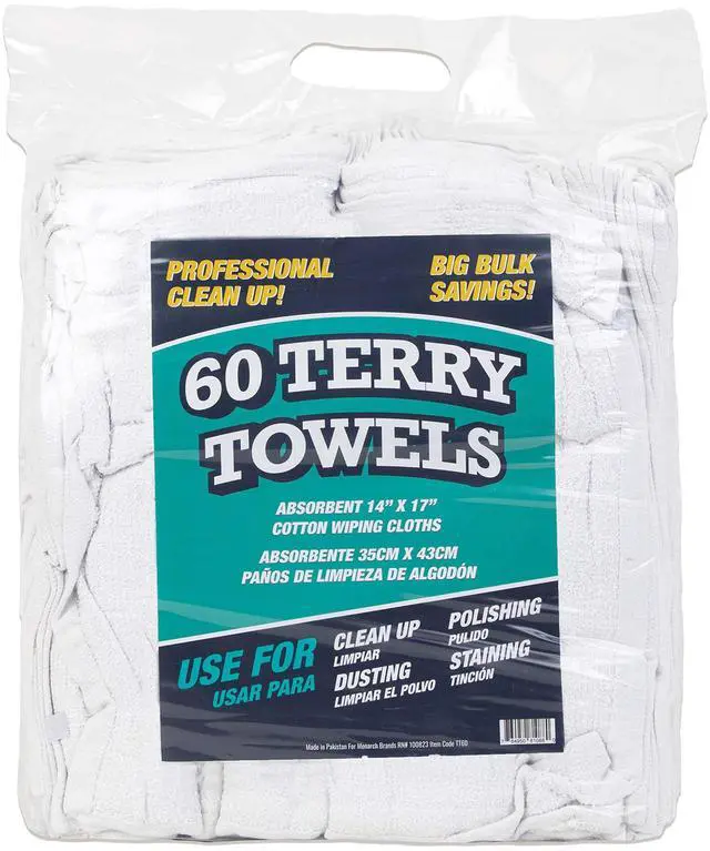 Main image of TT60 Terry Cloth Rags, Pack of 60, 100% Cotton Cleaning Towels for Kitchen, Auto Shop and Bar Use, Absorbent Machine Washable, 14 x 17 in, White