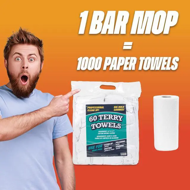 Alt view image 3 of 7 - TT60 Terry Cloth Rags, Pack of 60, 100% Cotton Cleaning Towels for Kitchen, Auto Shop and Bar Use, Absorbent Machine Washable, 14 x 17 in, White