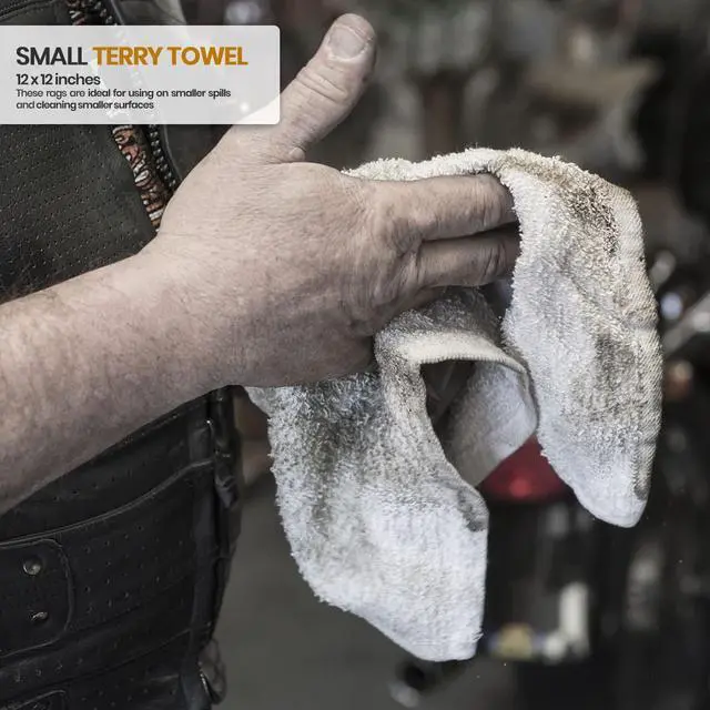 Alt view image 7 of 7 - White Terry Rags 2lb Bulk Towel Rag Multipurpose 12x12 Inches 100% Cotton Ring Spun Cleaning Solution for Body Shops, Garages, Restaurants, Home, Bars (24 Pack)