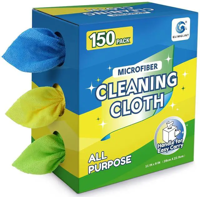 Main image of Microfiber Cleaning Cloth, 150 Pack Reusable Lint-Free Towels - Blue, Yellow & Green Soft Microfiber Towels for Home, Kitchen, Bathroom, Glass & Tables - 11"x9" Washable Shop Rags