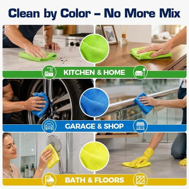 Alt view image 3 of 7 - Microfiber Cleaning Cloth, 150 Pack Reusable Lint-Free Towels - Blue, Yellow & Green Soft Microfiber Towels for Home, Kitchen, Bathroom, Glass & Tables - 11"x9" Washable Shop Rags