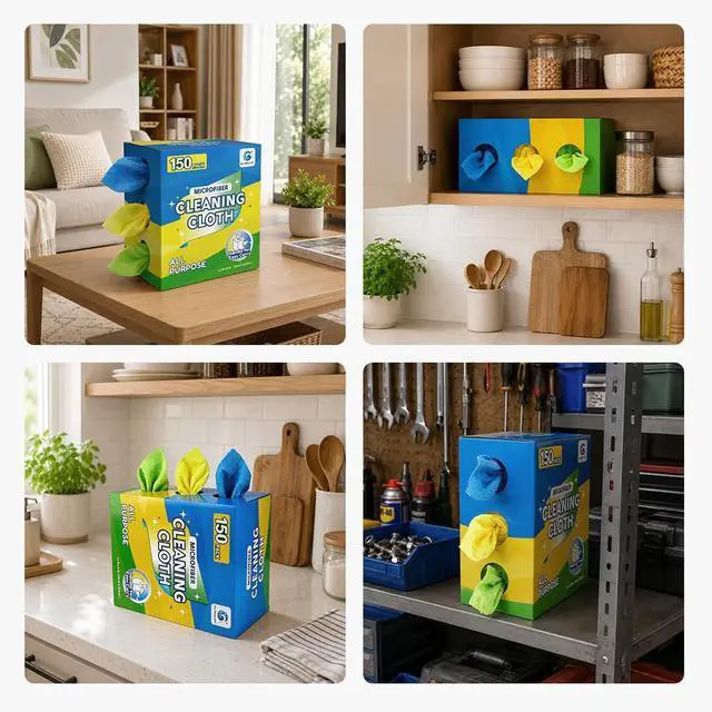 Alt view image 6 of 7 - Microfiber Cleaning Cloth, 150 Pack Reusable Lint-Free Towels - Blue, Yellow & Green Soft Microfiber Towels for Home, Kitchen, Bathroom, Glass & Tables - 11"x9" Washable Shop Rags