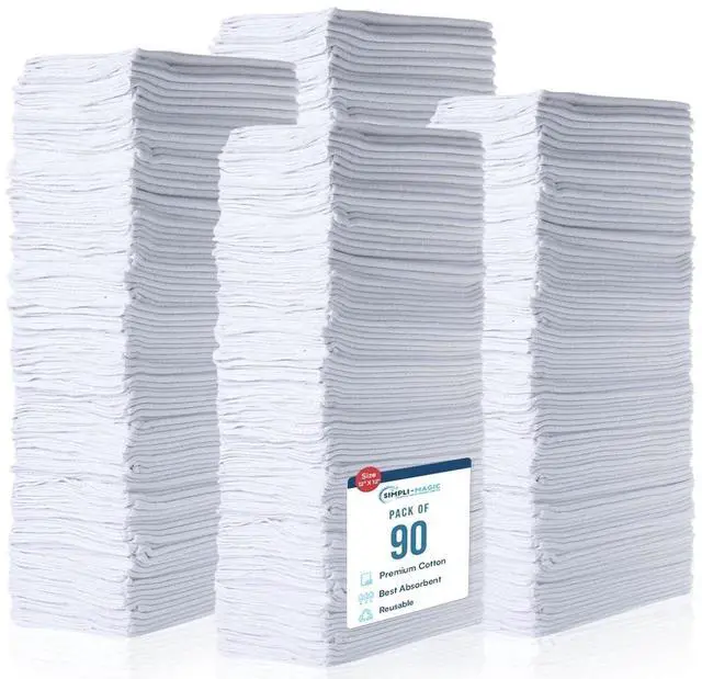 Main image of Cotton Shop Towels 14"x12" (90 Pack) Reusable Cleaning Shop Rags for Automobiles, Industries, Garage and Homes (White)