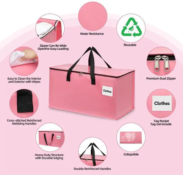 Alt view image 3 of 7 - 4 Pack Extra Large Heavy Duty Moving Bags with Reinforced Zipper & Wide Carry Handles, Stylish Pink Storage Totes for Clothes Packing, Dorm Moves & Apartment Organization, Pink