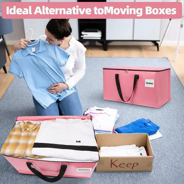 Alt view image 7 of 7 - 4 Pack Extra Large Heavy Duty Moving Bags with Reinforced Zipper & Wide Carry Handles, Stylish Pink Storage Totes for Clothes Packing, Dorm Moves & Apartment Organization, Pink