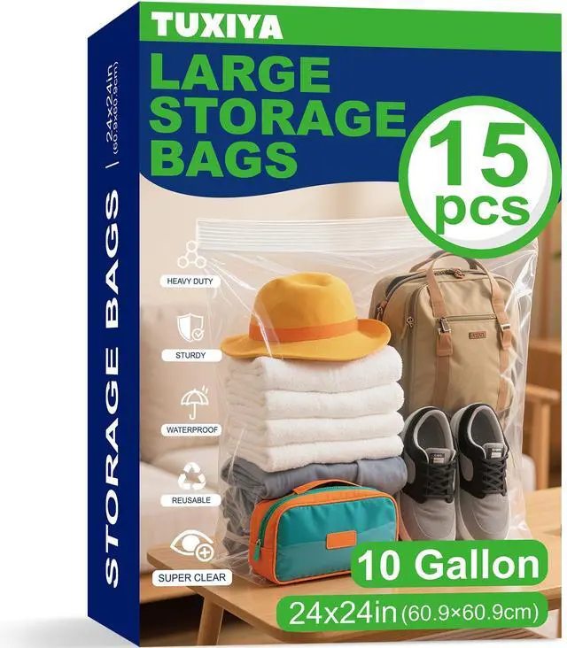 Main image of 15PACK 10 Gallon Extra Large Zipper Plastic Bags for Storage 24'' x 24'',Extra Large Clear Zipper Bags Reusable for Clothes, Home Moving, Travel, Camping, Thick 6 Mil