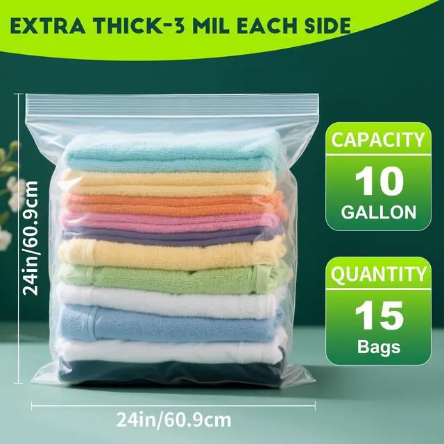 Alt view image 2 of 7 - 15PACK 10 Gallon Extra Large Zipper Plastic Bags for Storage 24'' x 24'',Extra Large Clear Zipper Bags Reusable for Clothes, Home Moving, Travel, Camping, Thick 6 Mil