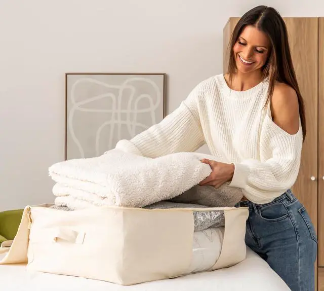 Alt view image 2 of 7 - Soft Canvas Storage Bags with Zipper. Thick Breathable, 1pc King/Queen Comforter Organizer. Four Carrying Handles and Window. Large 25x19x9in Bag for Sheets Blankets Bedding Pillows, Clothes