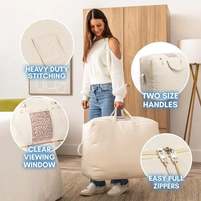 Alt view image 5 of 7 - Soft Canvas Storage Bags with Zipper. Thick Breathable, 1pc King/Queen Comforter Organizer. Four Carrying Handles and Window. Large 25x19x9in Bag for Sheets Blankets Bedding Pillows, Clothes