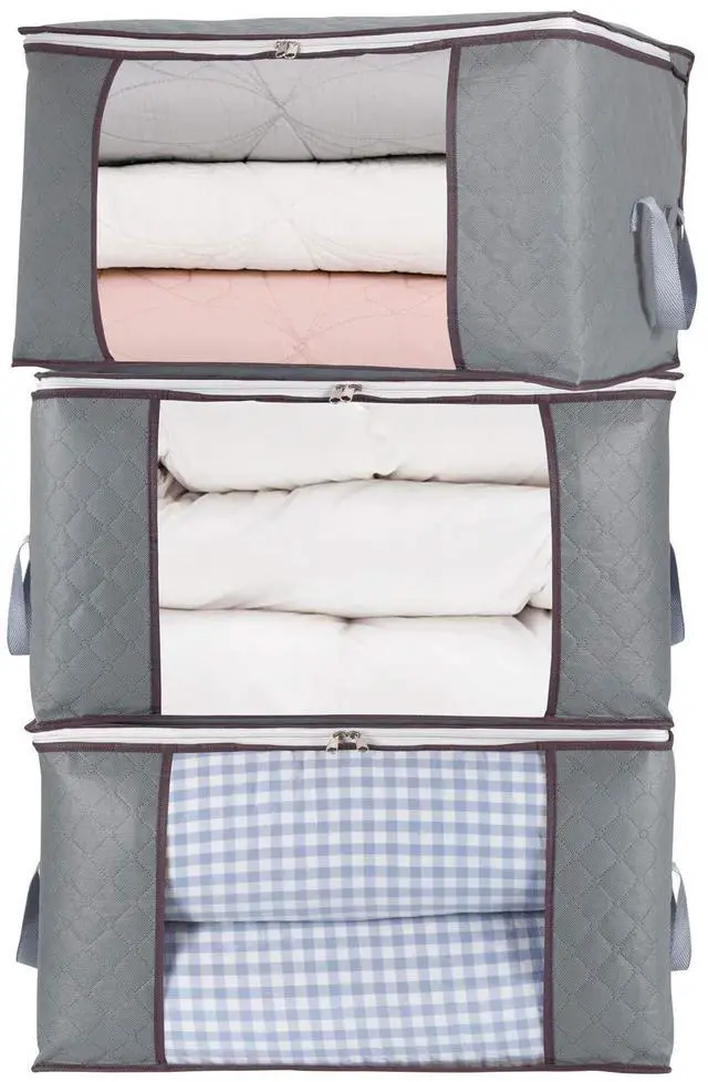 Main image of 3Pcs Zippered Storage Bag for Closet King Comforter, pillow, quilt, bedding, Clothes, Blanket Organizers with Large Clear Window & Carry Handles Space Saver