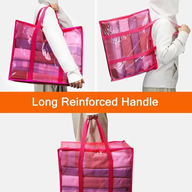 Alt view image 4 of 6 - Pink 40L Clear Clothes Storage Bag with Zipper 3 Pack Colorful Clothes Organizer Vinyl Storage Bag for Comforter, Blanket, Bedding, Duvet, Transparent Moving Totes