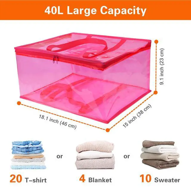 Alt view image 2 of 6 - Pink 40L Clear Clothes Storage Bag with Zipper 3 Pack Colorful Clothes Organizer Vinyl Storage Bag for Comforter, Blanket, Bedding, Duvet, Transparent Moving Totes