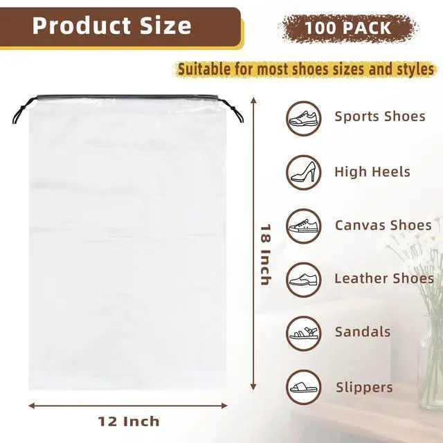 Alt view image 2 of 7 - 100 Pack Clear Shoe Bags for Travel, 12"x18" Large Travel Shoe Bags for Storage and Packing, Waterproof Drawstring Shoe Bag for Traveling, Bulk Travel Essentials for Men and Women