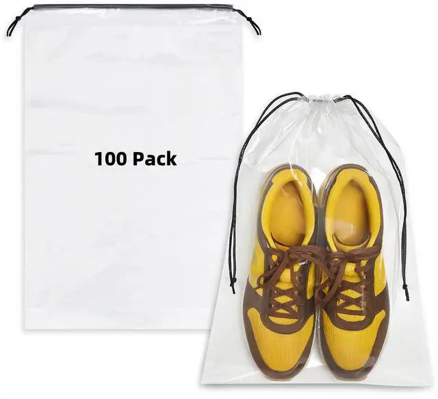 Main image of 100 Pack Clear Shoe Bags for Travel, 12"x18" Large Travel Shoe Bags for Storage and Packing, Waterproof Drawstring Shoe Bag for Traveling, Bulk Travel Essentials for Men and Women