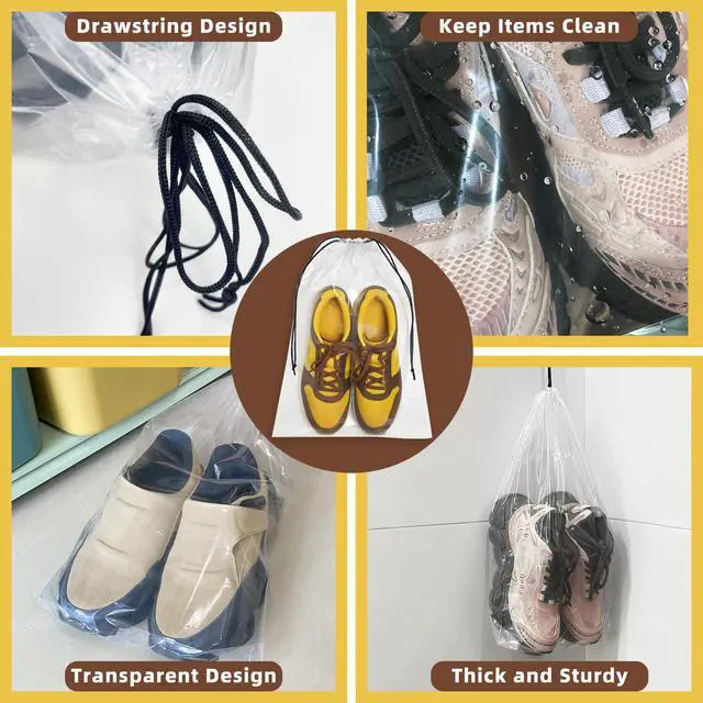 Alt view image 3 of 7 - 100 Pack Clear Shoe Bags for Travel, 12"x18" Large Travel Shoe Bags for Storage and Packing, Waterproof Drawstring Shoe Bag for Traveling, Bulk Travel Essentials for Men and Women