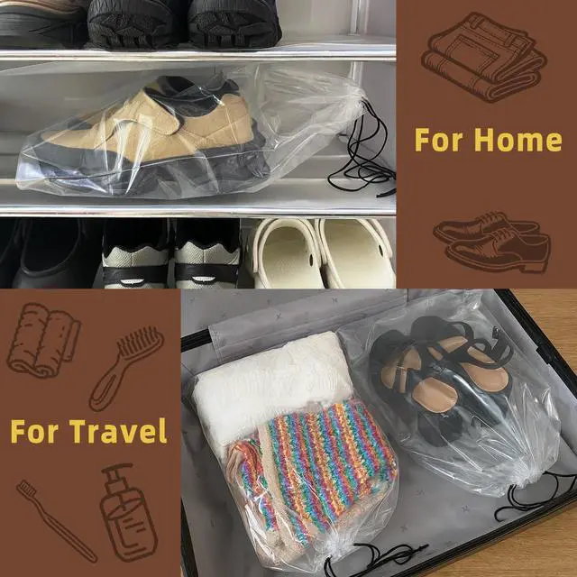 Alt view image 5 of 7 - 100 Pack Clear Shoe Bags for Travel, 12"x18" Large Travel Shoe Bags for Storage and Packing, Waterproof Drawstring Shoe Bag for Traveling, Bulk Travel Essentials for Men and Women