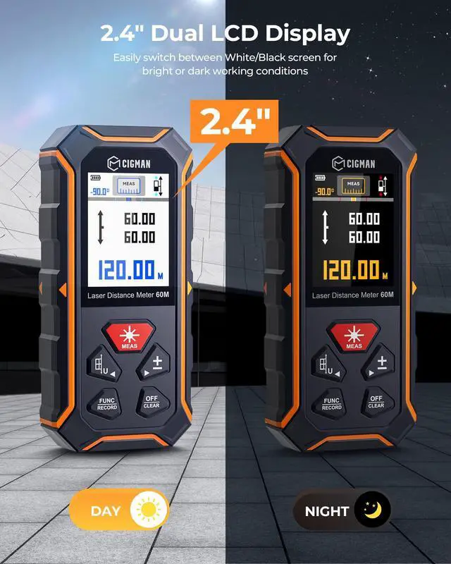 Alt view image 3 of 7 - Dual Laser Measuring Tool, CIGMAN 393Ft Bilateral Laser Measurement Tool Color Backlit LCD Display, Rechargeable Laser Measure with 6 Units Ft/in/M, Angle Sensor, Multiple Measure Mode, Magnetic Back