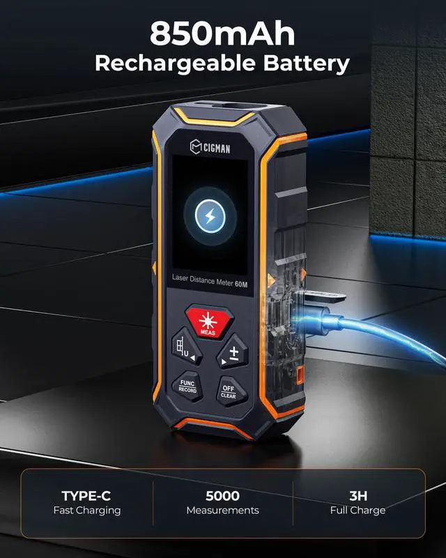 Alt view image 5 of 7 - Dual Laser Measuring Tool, CIGMAN 393Ft Bilateral Laser Measurement Tool Color Backlit LCD Display, Rechargeable Laser Measure with 6 Units Ft/in/M, Angle Sensor, Multiple Measure Mode, Magnetic Back
