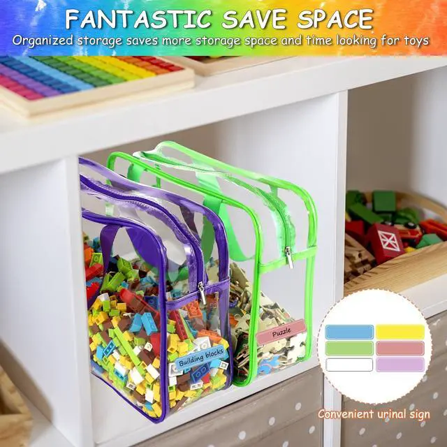 Alt view image 6 of 7 - 6 Packs Large Toy Storage Bags with Labels, Reusable Clear PVC Board Game Storage, Travel Waterproof Organizer Bags with Zipper for Building Blocks, Puzzle, Kids Books6 Colors