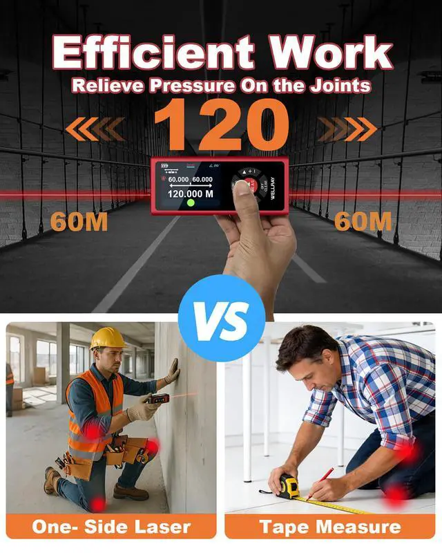 Alt view image 3 of 7 - Dual Laser Measuring Tool 393Ft/120M, Bilateral Laser Measure Tool Rechargeable, Laser Distance Measure with 1/8" Accuracy, Dual Laser Measurement Tool with Ft/in/M, Level, Angle Sensor, Magnetic Back