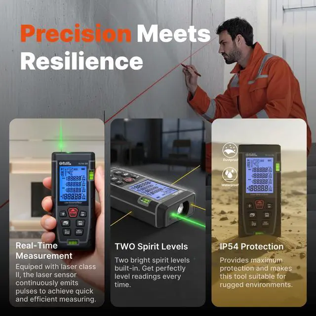 Alt view image 7 of 7 - Laser Measuring Tool, 165ft High Accuracy ±1/16" (±2mm) Laser Measure with Multi-Mode, Self-Calibration, Backlight & 99 Memory, AAA Battery Operated for Indoor/Outdoor Use