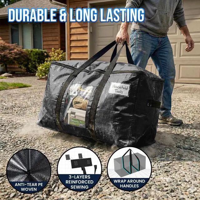 Alt view image 3 of 7 - Extra Large Moving Bags, 2 Pack Black Heavy Duty Totes For Storage with Visible Window, Wrap Around Handles, Storage Bags for Space Saving, Alternative to Moving Boxes