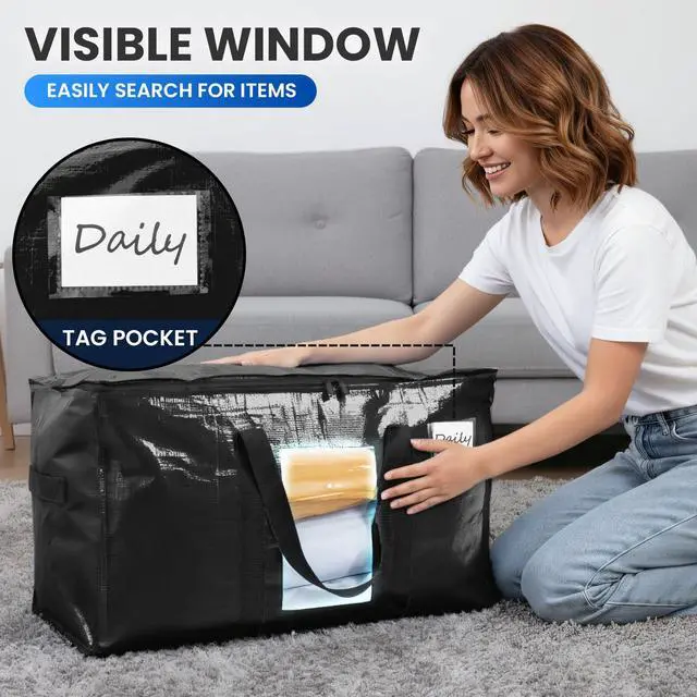 Alt view image 5 of 7 - Extra Large Moving Bags, 2 Pack Black Heavy Duty Totes For Storage with Visible Window, Wrap Around Handles, Storage Bags for Space Saving, Alternative to Moving Boxes