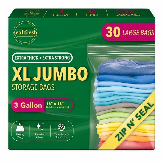 Main image of 3 Gallon Large Plastic Storage Bags 16" x 18" (30 Count) Reusable XXL Extra Large Clear Jumbo Zip Bags with Sealable Zipper Top For Clothes, Travel, Moving