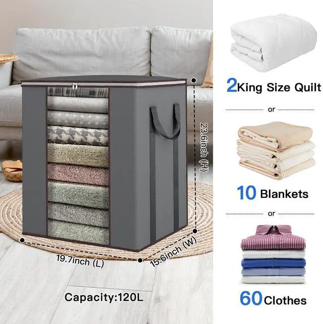 Alt view image 2 of 7 - Extra Large Blanket Storage Bags 120L 2 Pack Comforter Storage Bags with Reinforced Handles Breathable Clothes Storage Containers for King Comforter Bedding Pillow Sheet Grey