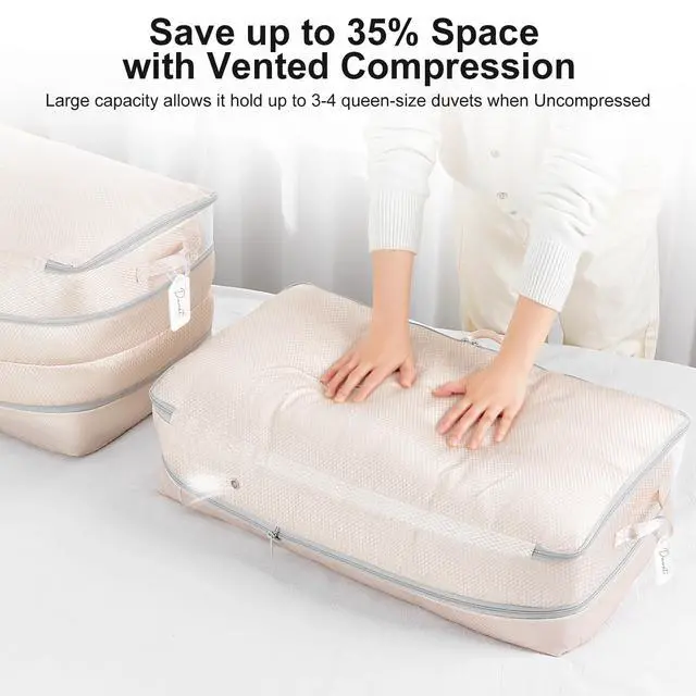 Alt view image 4 of 7 - Comforter Storage Bag - Large Capacity Bedding Storage Bags Ultra Space Saving Self Compression Organizer, Washable Compression Bags for Storage Comforter Blanket Duvet Pillow, 2-Pack, Beige
