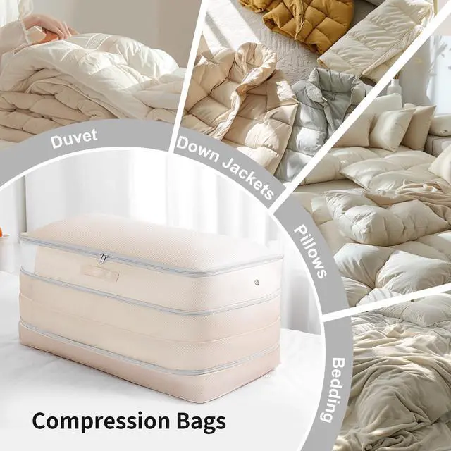 Alt view image 3 of 7 - Comforter Storage Bag - Large Capacity Bedding Storage Bags Ultra Space Saving Self Compression Organizer, Washable Compression Bags for Storage Comforter Blanket Duvet Pillow, 2-Pack, Beige