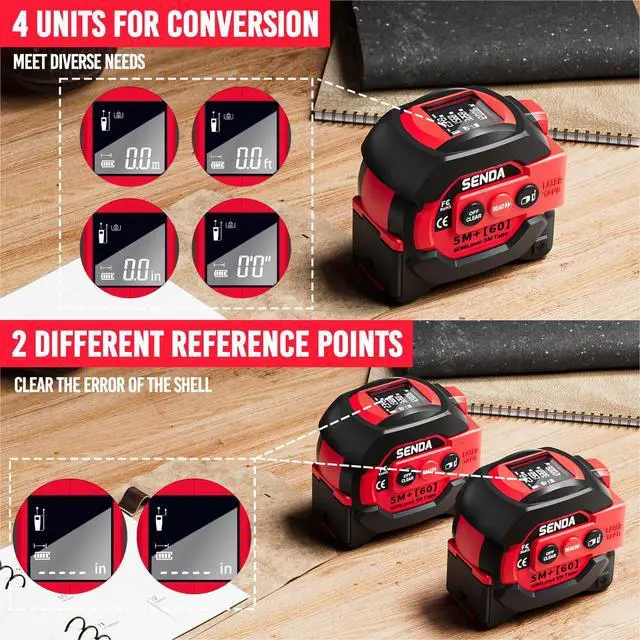 Alt view image 2 of 7 - 3-in-1 Laser Tape Measure - 197Ft Digital Measuring Tape with Led Display&16Ft Measuring Tool with Magnetic Hook & Auto Lock - Pythagorean, Area, Volume, Ft/Ft+in/in/M Unit, AAA Battery*2, Red