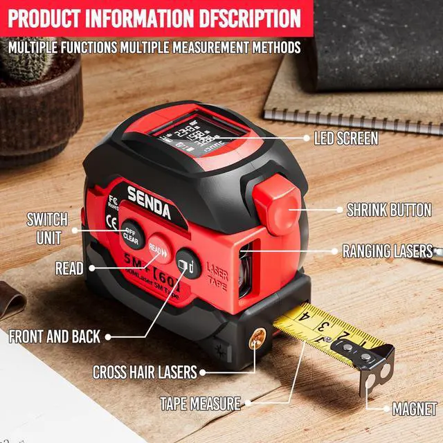 Alt view image 3 of 7 - 3-in-1 Laser Tape Measure - 197Ft Digital Measuring Tape with Led Display&16Ft Measuring Tool with Magnetic Hook & Auto Lock - Pythagorean, Area, Volume, Ft/Ft+in/in/M Unit, AAA Battery*2, Red