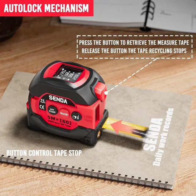 Alt view image 4 of 7 - 3-in-1 Laser Tape Measure - 197Ft Digital Measuring Tape with Led Display&16Ft Measuring Tool with Magnetic Hook & Auto Lock - Pythagorean, Area, Volume, Ft/Ft+in/in/M Unit, AAA Battery*2, Red
