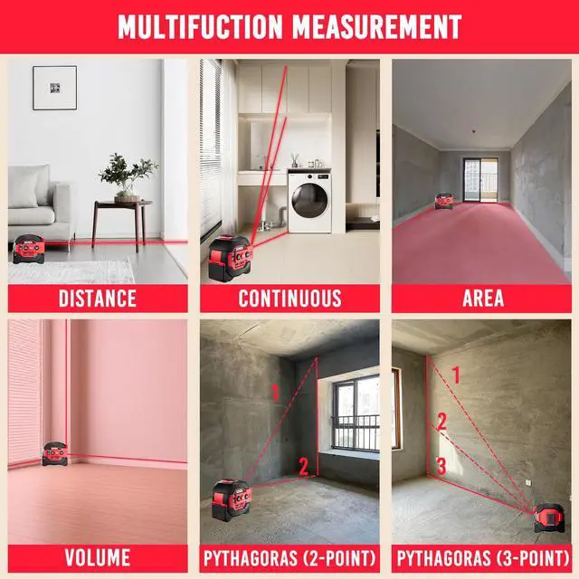 Alt view image 7 of 7 - 3-in-1 Laser Tape Measure - 197Ft Digital Measuring Tape with Led Display&16Ft Measuring Tool with Magnetic Hook & Auto Lock - Pythagorean, Area, Volume, Ft/Ft+in/in/M Unit, AAA Battery*2, Red