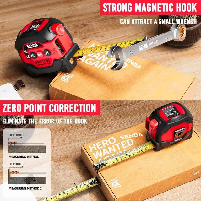 Alt view image 5 of 7 - 3-in-1 Laser Tape Measure - 197Ft Digital Measuring Tape with Led Display&16Ft Measuring Tool with Magnetic Hook & Auto Lock - Pythagorean, Area, Volume, Ft/Ft+in/in/M Unit, AAA Battery*2, Red