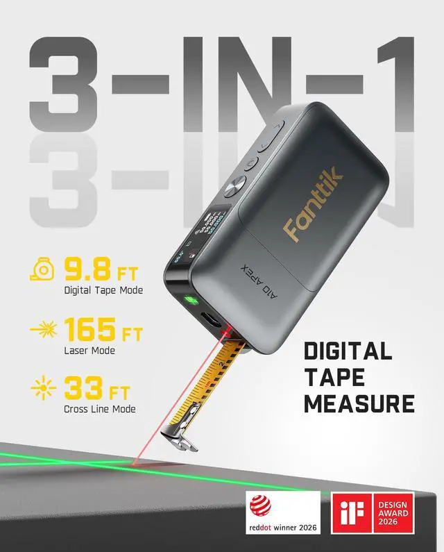 Alt view image 2 of 7 - A10 Apex 3-in-1 Digital Laser Tape Measure with HD Color Display, 165Ft Rechargeable Laser Measurement & 32Ft Green Cross Line Laser & 9.8Ft Tape, 6 Units, for Distance/Area/Volume/Leveling