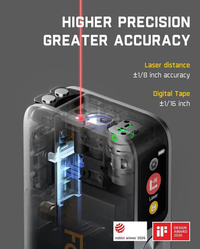 Alt view image 4 of 7 - A10 Apex 3-in-1 Digital Laser Tape Measure with HD Color Display, 165Ft Rechargeable Laser Measurement & 32Ft Green Cross Line Laser & 9.8Ft Tape, 6 Units, for Distance/Area/Volume/Leveling
