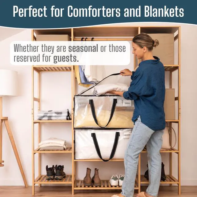 Alt view image 2 of 7 - 4 Pack Heavy Duty Moving Bags, Clear Storage Bags for Clothes and Comforters, College Dorm Essentials Packing Supplies, Foldable Boxes Alternative (Clear, 4 Pack)