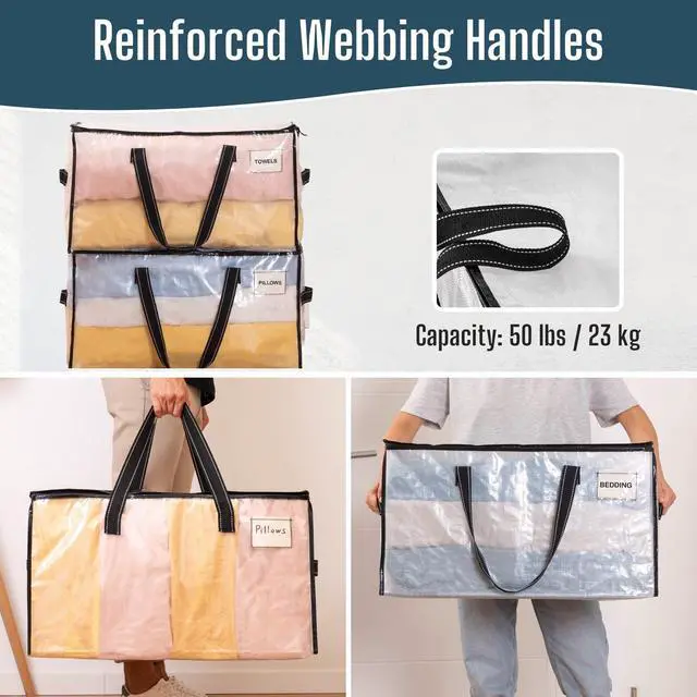 Alt view image 5 of 7 - 4 Pack Heavy Duty Moving Bags, Clear Storage Bags for Clothes and Comforters, College Dorm Essentials Packing Supplies, Foldable Boxes Alternative (Clear, 4 Pack)