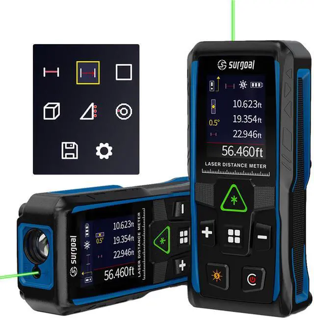 Main image of Green Laser Distance Meter Digital Laser Measure with Angle Sensor, 4-Way Rotating Backlit LCD, Pythagorean Mode, Unit Switch, 3mm Accuracy, Handheld Measuring Tool, 328Ft Range