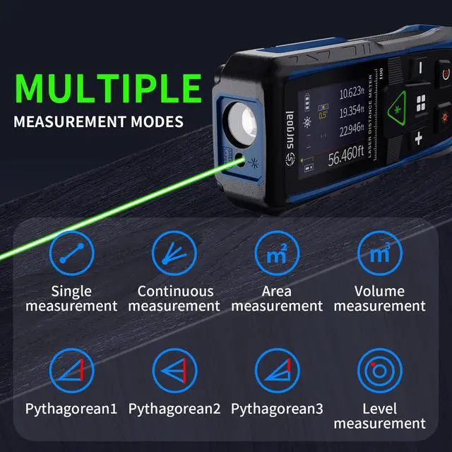 Alt view image 2 of 7 - Green Laser Distance Meter Digital Laser Measure with Angle Sensor, 4-Way Rotating Backlit LCD, Pythagorean Mode, Unit Switch, 3mm Accuracy, Handheld Measuring Tool, 328Ft Range