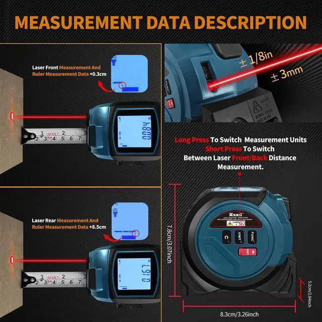 Alt view image 3 of 7 - Laser Tape Measure 3 in 1 Laser Rangefinder Tape Measure with AutoLock