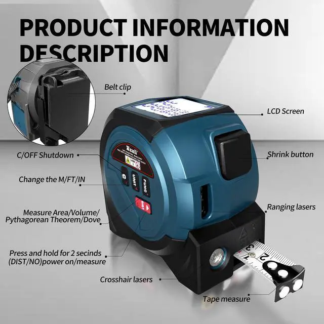 Alt view image 5 of 7 - Laser Tape Measure 3 in 1 Laser Rangefinder Tape Measure with AutoLock
