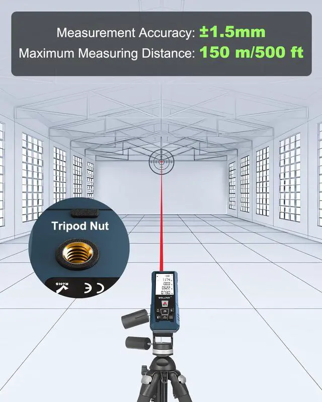 Alt view image 3 of 7 - Laser Measuring Tool, 500FT Laser Measure Tool with ±1/16" Accuracy, IP54 Laser Distance Meters with FT/in Units for Area/Volume, Laser Measurement Tool with Angle Sensor for DIY Home Indoor, Black