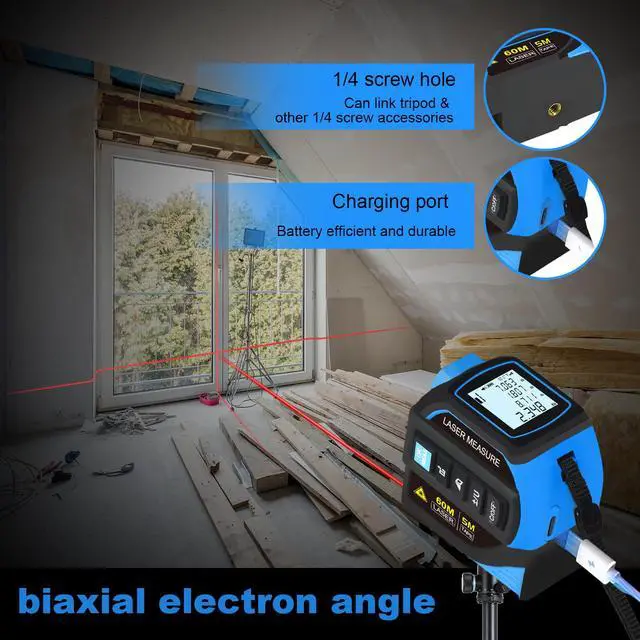 Alt view image 3 of 7 - 4-in-1 Laser Measure Tool - Digital LCD & Self-Locking, 196ft/60m Laser & 16ft/5m Tape, Cross Line & Dual-Axis Angle, Rechargeable for Pros