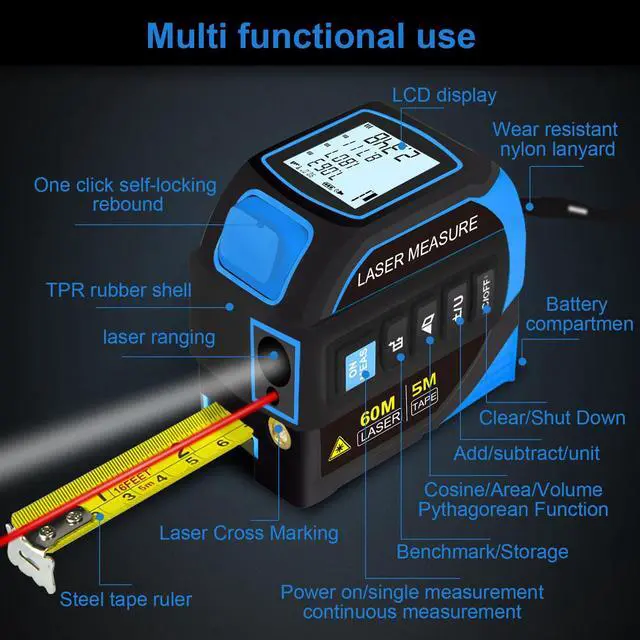 Alt view image 4 of 7 - 4-in-1 Laser Measure Tool - Digital LCD & Self-Locking, 196ft/60m Laser & 16ft/5m Tape, Cross Line & Dual-Axis Angle, Rechargeable for Pros